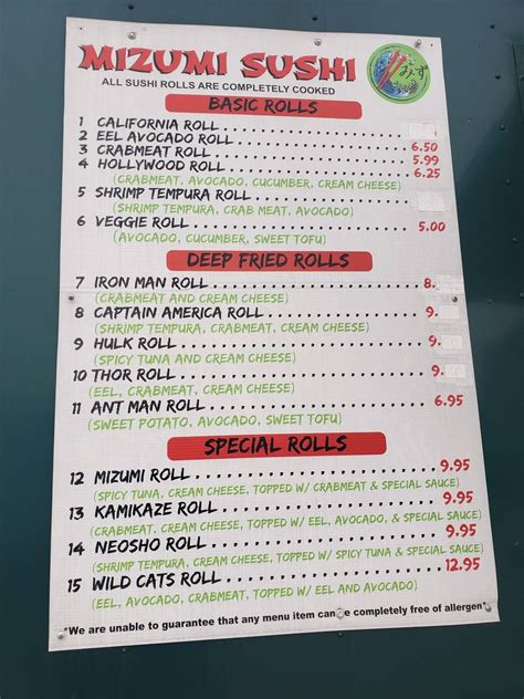 Menu at Mizumi Hibachi & Sushi Express restaurant, Neosho