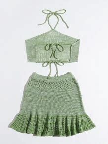 Summer Beach Halterneck Tied Backless Pointelle Knit Cover Up Top ...