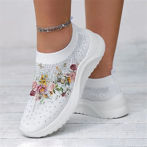 Zapatillas blancas de punto con estampado floral para mujer: zapatos ...