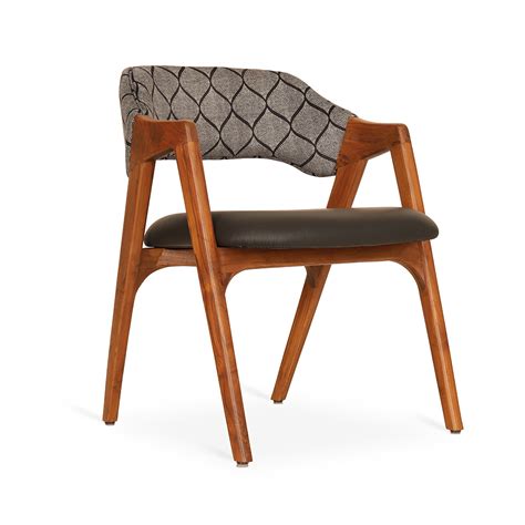Ikkita - Teak Dining Chair, Grey Printed Fabric & Black Leather | Alankaram