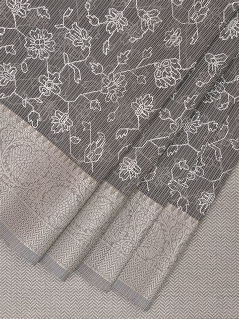 Grey Dhakai Jamdani Cotton Viscose Saree with Floral Embroidary Design ...