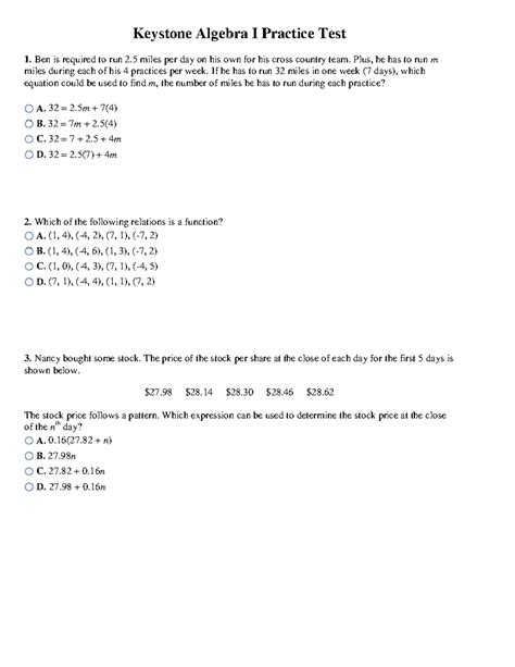 Keystone Algebra 1 Practice Test - Keystone Algebra I Practice Test 1 ...