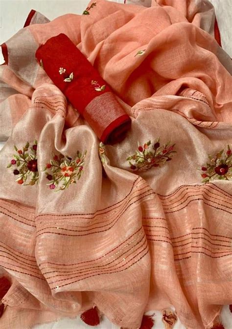 Arty-Crafty Pure Hand Embroidered Linen Saree – Monamaar