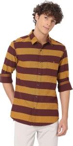 MUFTI Men Striped Casual Maroon, Yellow Shirt - Buy MUFTI Men Striped ...