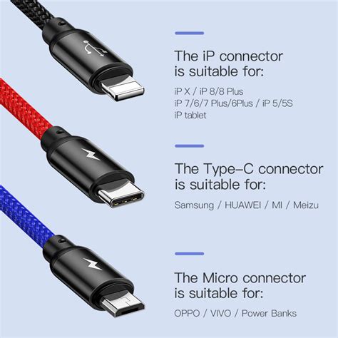 Baseus Three Primary Colors 3-in-1 Cable USB for M+L+T 3.5A 0.3M/1.2M ...