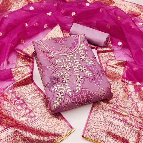 Mauve Printed Organza Dress Material