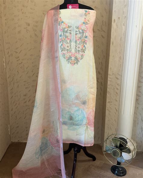 Pastel linen shaded digital print with aari work suits