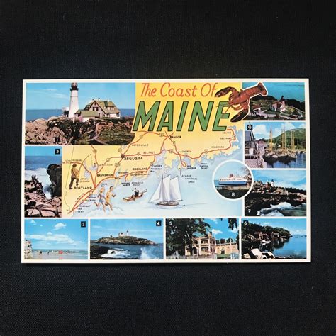 Coast of Maine map lobster boat Lighthouse Fishing swimming Postcard | eBay