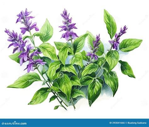 Tulsi-Basil Ayurvedic Herb Digital Art Illustration With Text Isolated On White. Healthy Organic ...