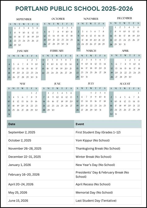 Portland Public School Calendar 2025-2026 (Dates)