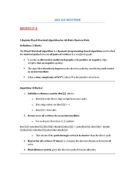 AOA IA2 Final Exam Notes: Shortest Path, TSP, and More - Studocu