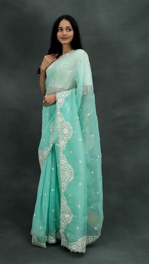 Vrinda Embroidered Saree on Turquoise Pure Silk Organza – Zarinama