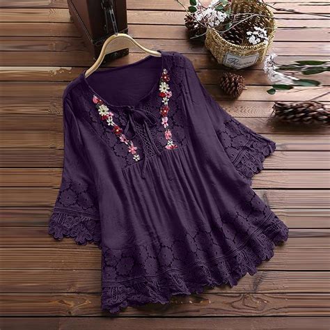 Women's Plus Size Tunic Blouse, Lace Trim and Pleated Detail on 3/4 ...