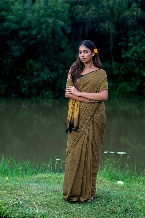 Handloom Olive Green Check Mul Cotton Saree