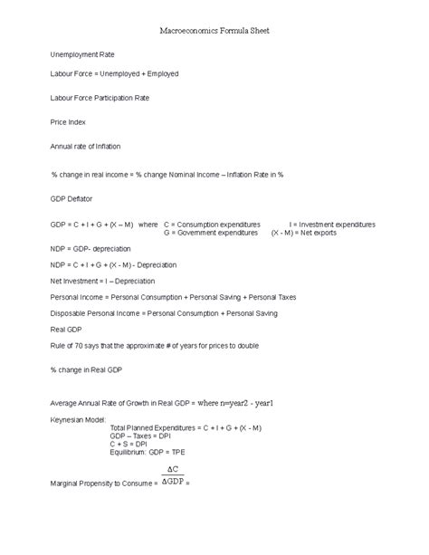 MACRO- Macro Formula Sheet for Economics Concepts and Calculations ...