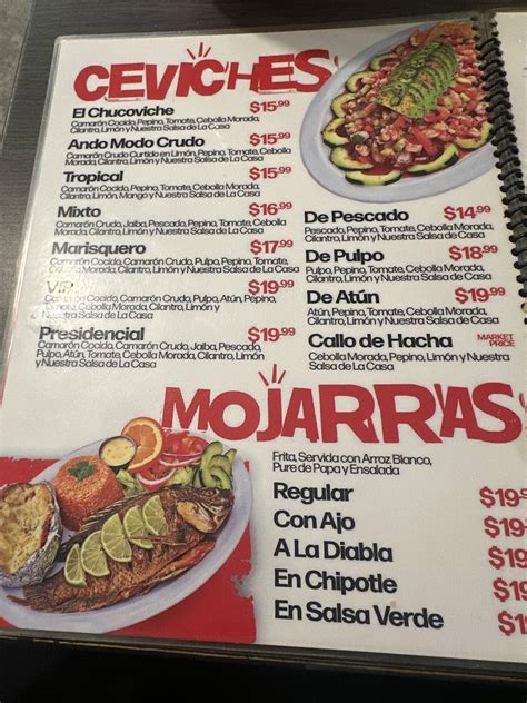Menu at El Chucoviche Mariscos restaurant, El Paso