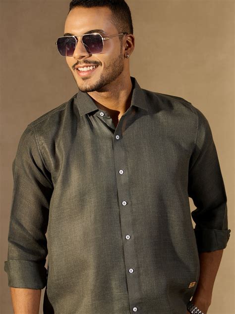 Olive Green Simple Oversized Linen Shirt – Dennison Fashion India
