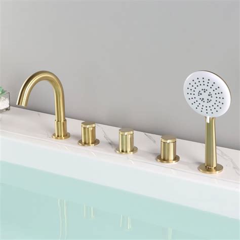 Huifeidezhu 5 Hole Roman Tub Faucet with Sprayer, Brushed Gold Deck ...