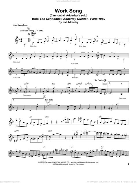 Work Song sheet music for alto saxophone (transcription) (PDF)
