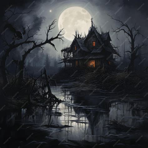 Premium Photo | Old monster house with Spider on the ground in dark swamps