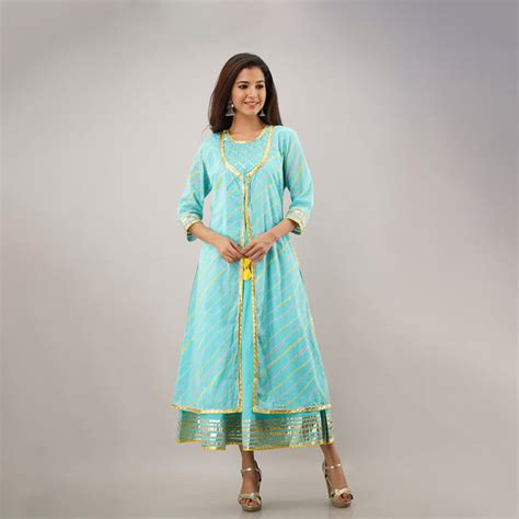 Buy Firozi Cotton Double Layered Lehriya Gota Work Kalidaar Dress – Ekohum