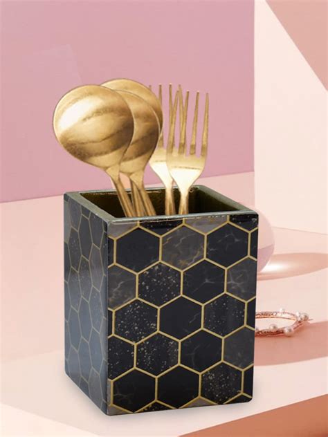 Tranquil Square Wooden Cutlery Organiser Glossy Finish Tableware Navy ...