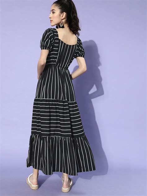 Women Black & White Striped Crepe Maxi Dress
