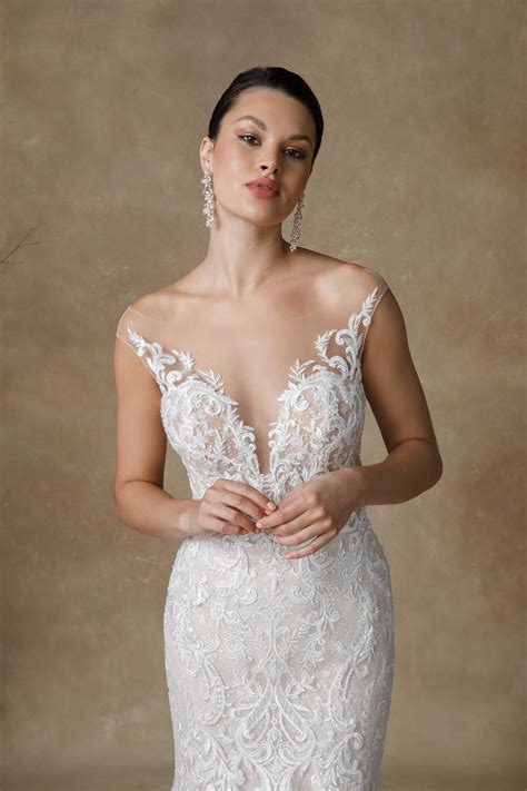 Glenora: Trumpet Wedding Dress with Sheer Bodice and Plunging Neckline ...