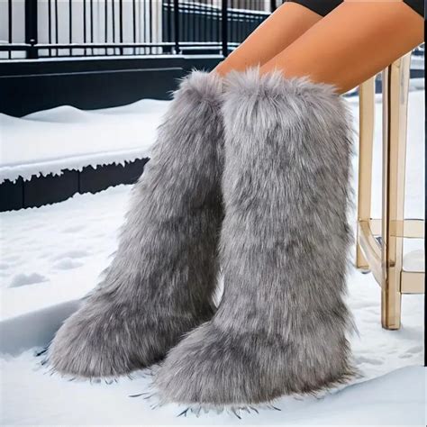 Women Winter Fluffy Faux Fur Knee High Snow Boots Y37K Outdoor Fashion ...