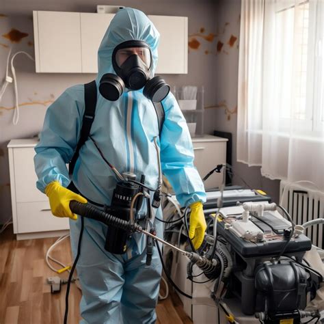 A health workers in hazmat suit clothes and gas mask spraying ...