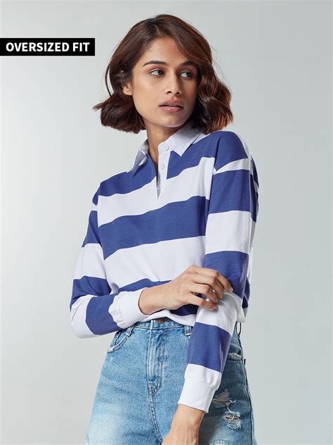 Buy Solids Blue Striped Womens Rugby Polos Online