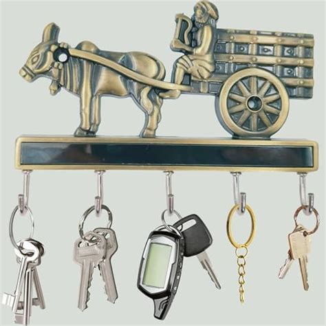 JKC Antique Brass Key Stand, Bullock Cart Theme, 5 Hooks, Wall Mount ...