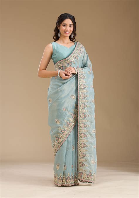Buy Grey Pearlwork Tissue Saree - Koskii