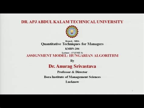 Assignment Model: Hungarian Algorithm Video Lecture - Management ...