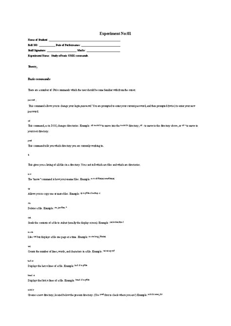 OS Experiment No: 01 - Study of Basic UNIX Commands - Studocu