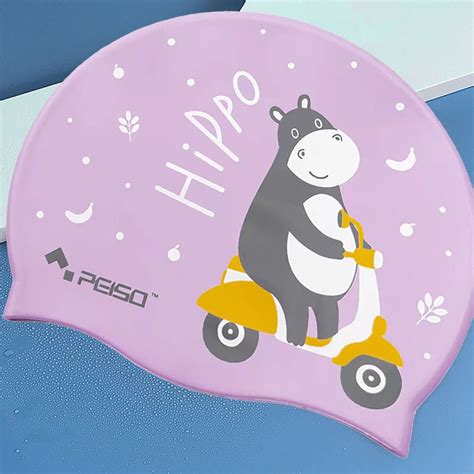 Silicone Kids Swimming Cap, Rider Hippo print, Lavender - Little ...