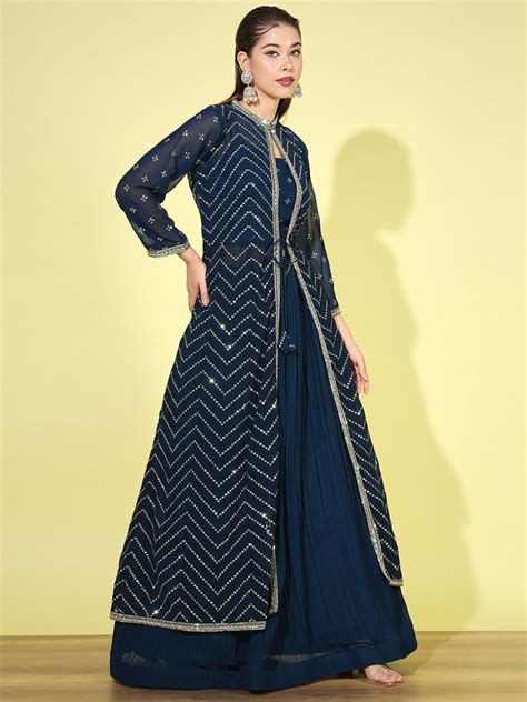 WQUA9102 Sequin Georgette Lehenga Choli Dupatta Set with Long Jacket ...