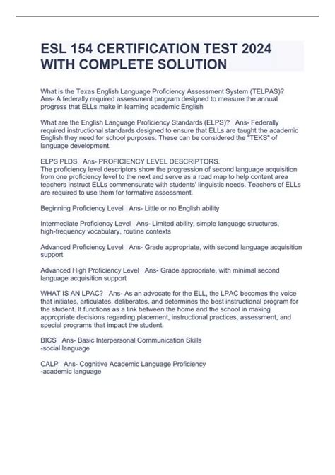 ESL 154 CERTIFICATION TEST 2024 WITH COMPLETE SOLUTION - ESL 2024 ...