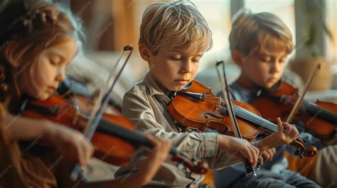 Three young children playing the violin together focused and engaged in ...