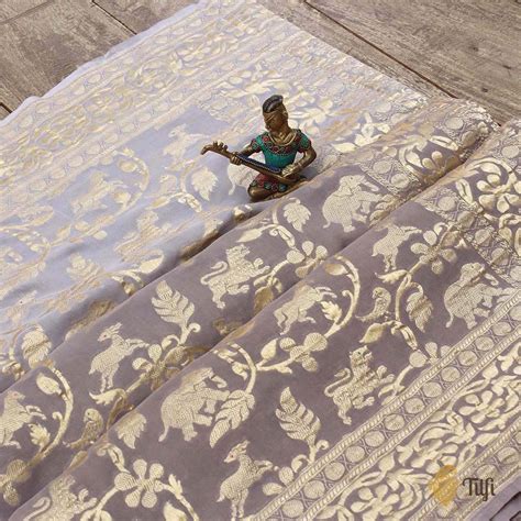 Earthy Grey Pure Chiffon Georgette Banarasi Handloom Saree - Tilfi