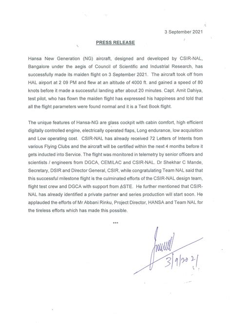 Press Release of HANSA-NG Aircraft | CSIR - NAL