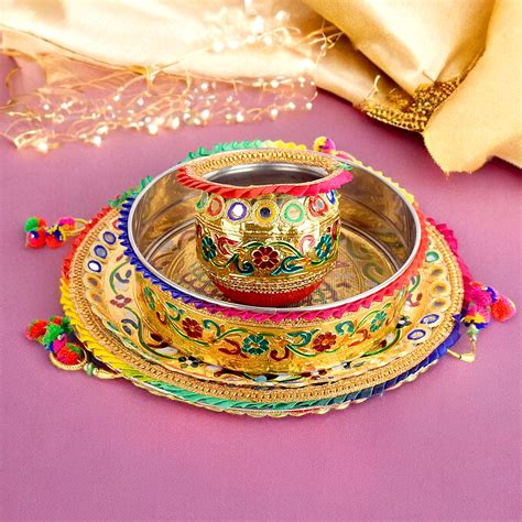 Buy Artistic Peacock Meenakari Karwa Chauth Thali Set in India at Best ...