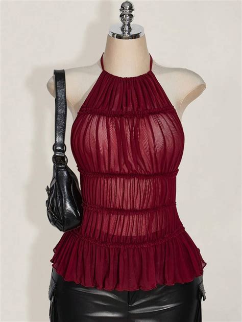 SHEIN ICON Plus Size Halter Mesh See-Through Backless Tank Top, Y2K ...