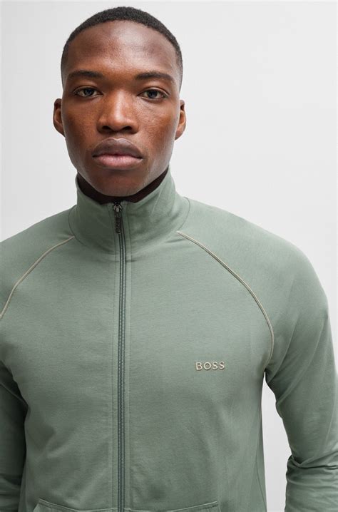 BOSS - Zip-up jacket in stretch cotton with embroidered logo - Light Green