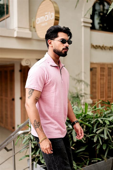 Light Pink Self Design Zipper T-Shirt – Gritstones