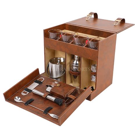 Rudra Exports Table Top Vegan Leather Portable Bar Box with Accessorie