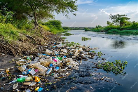 Premium Photo | Water pollution with a polluted riverbank littered with ...