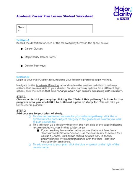 Major Clarity Lesson 3 - Academic Plan - Academic Career Plan Lesson ...