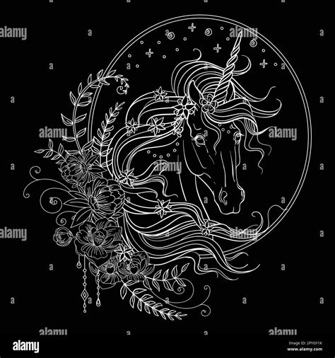 Vector decorative doodle ornamental head of unicorn with flowers. Magic ...