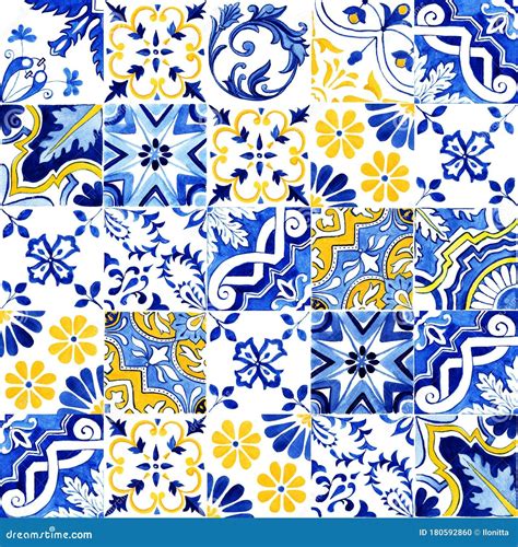 Portuguese Azulejos Tile Seamless Pattern. Traditional Watercolor ...
